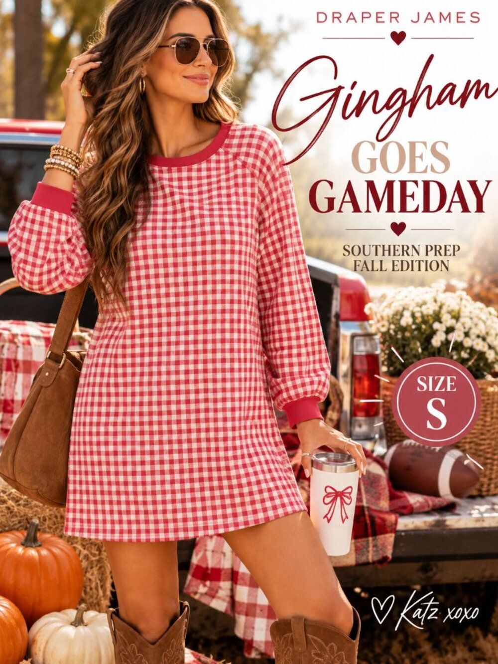Draper James Natalie Raspberry Gingham French Terry Sweatshirt Pink Dress Small